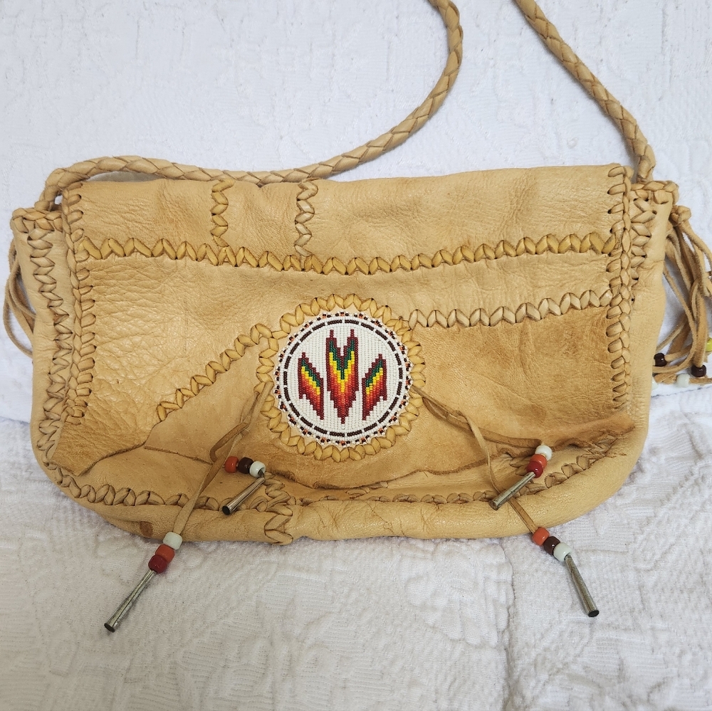 Tan WovenVintage Buckskin Leather Bag
